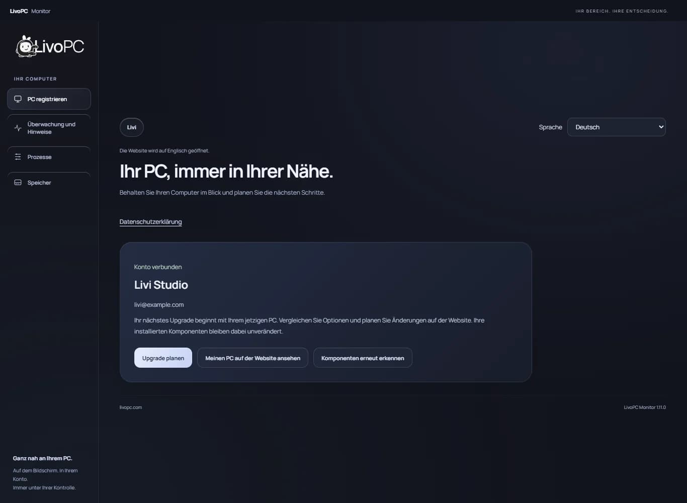 Verbundenes Konto in Monitor auf Deutsch mit Zugriff auf den vorhandenen PC und Upgrade-Planung