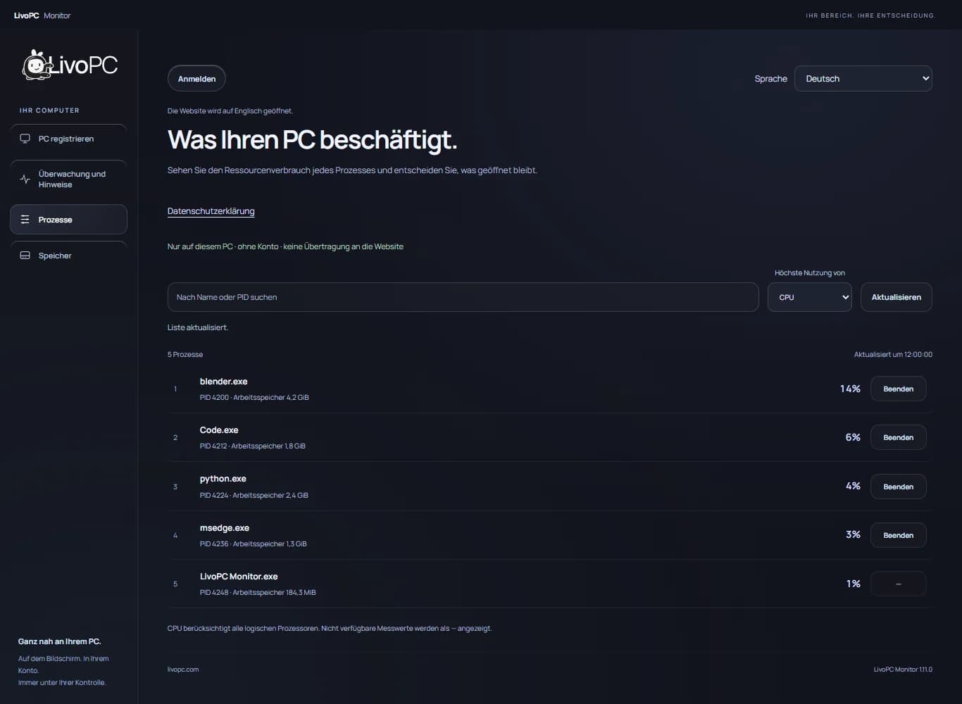 Lokale Prozessliste von Monitor auf Deutsch, nach CPU-Auslastung sortiert, mit Arbeitsspeicher und Option zum Beenden