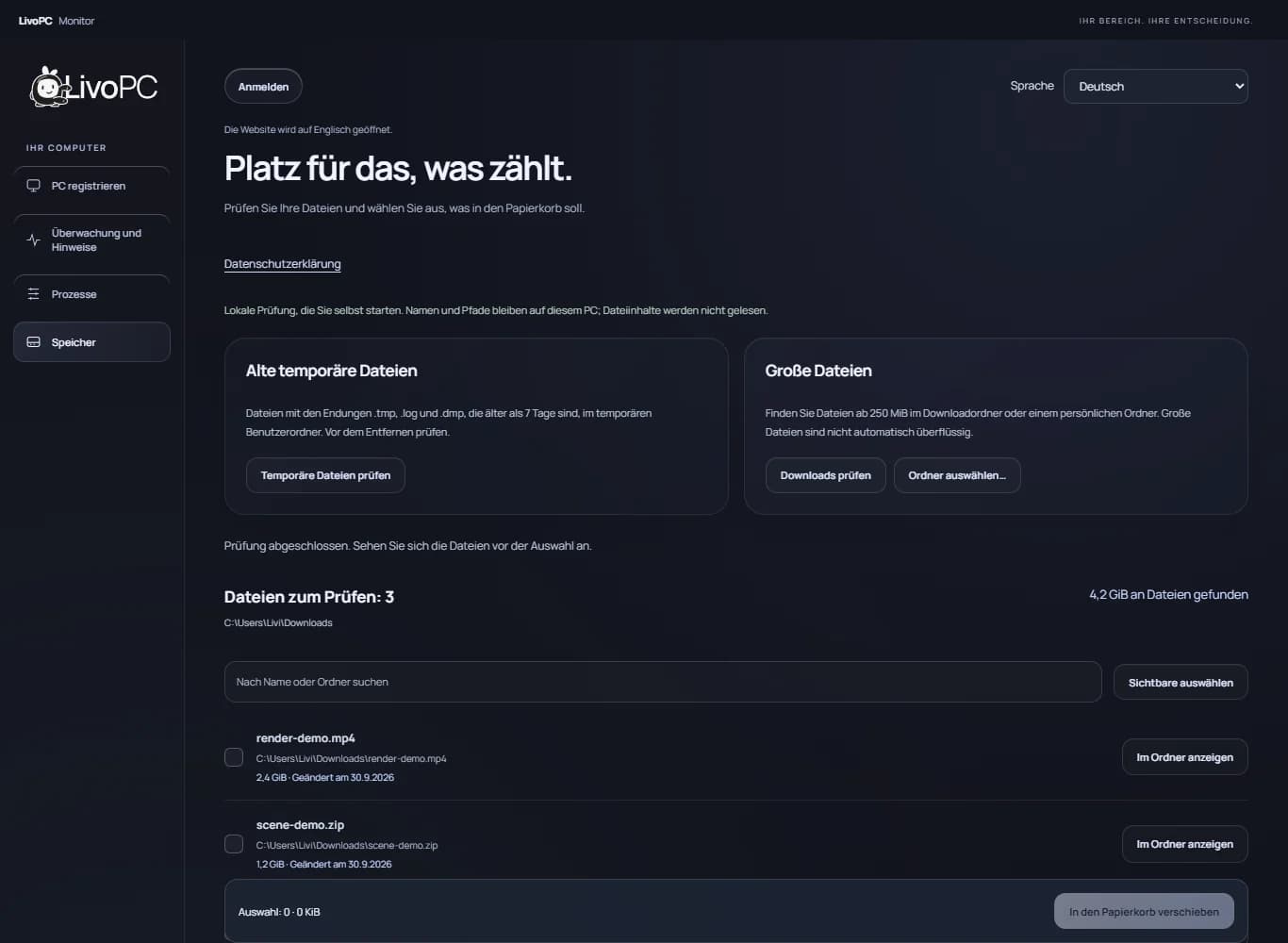 Speicheransicht von Monitor auf Deutsch mit Analyse temporärer Dateien und großen Dateien zur Prüfung