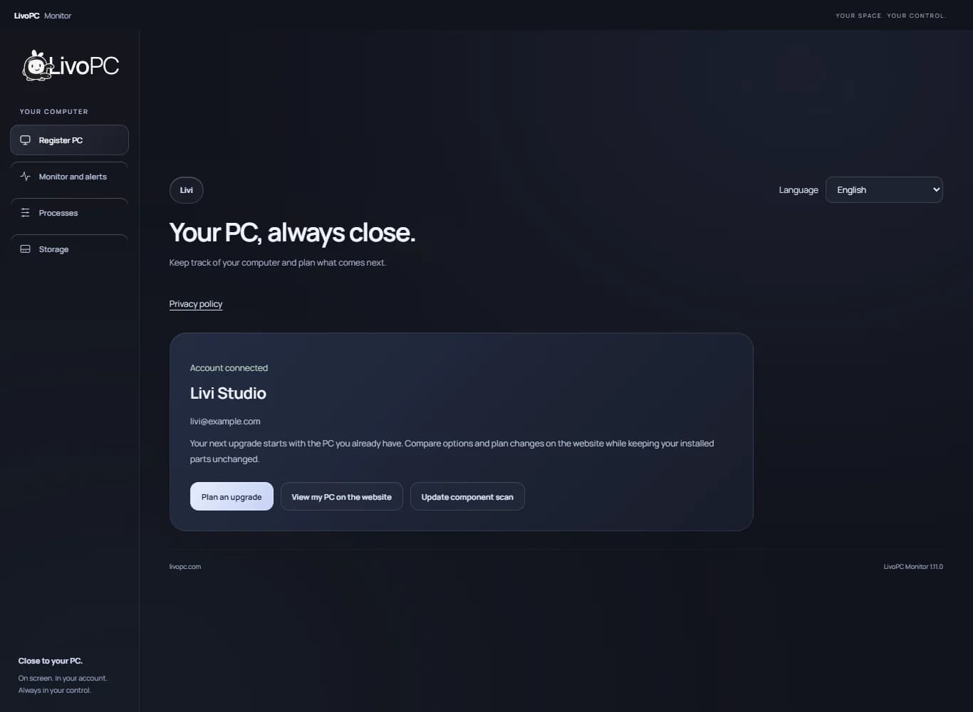 Connected account in Monitor in English with access to an existing PC and upgrade planning