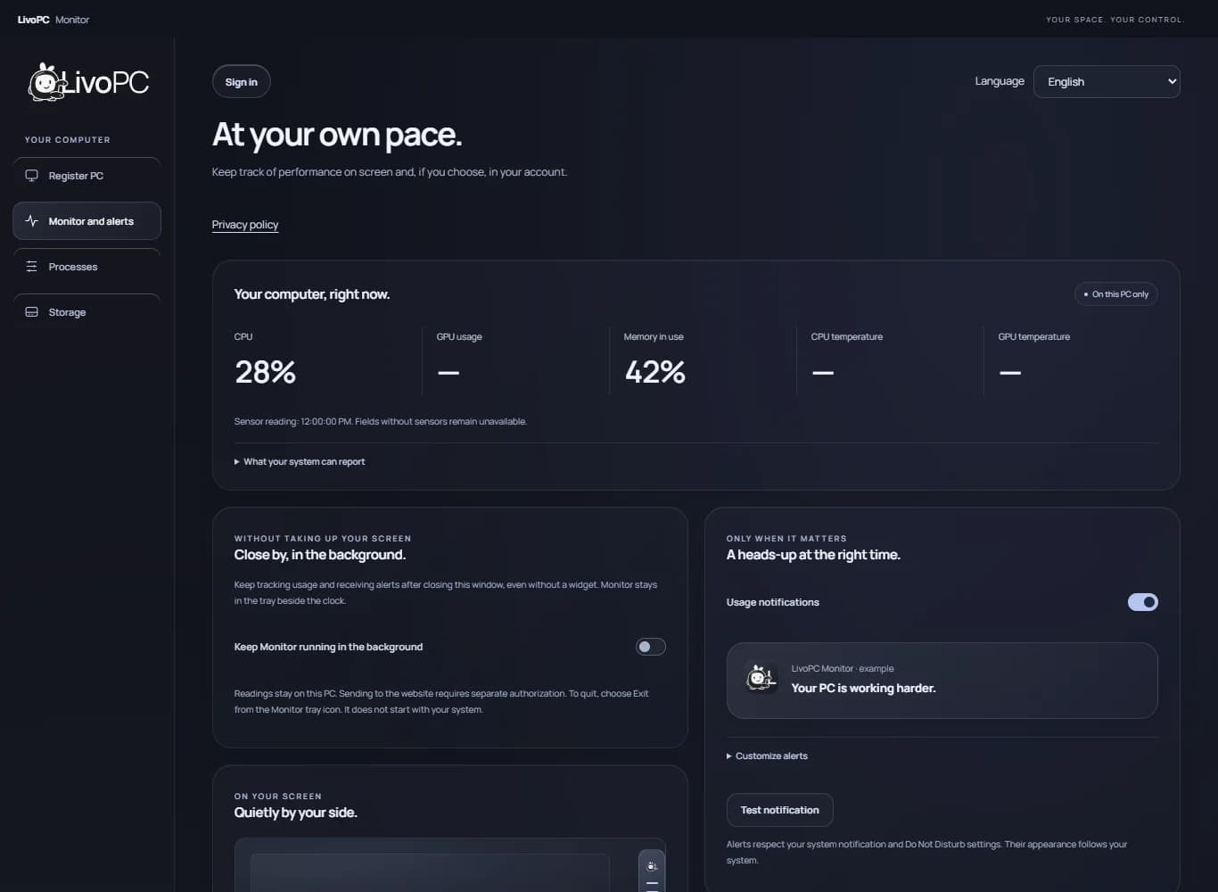 LivoPC Monitor in English showing CPU, memory, background monitoring and configurable alerts