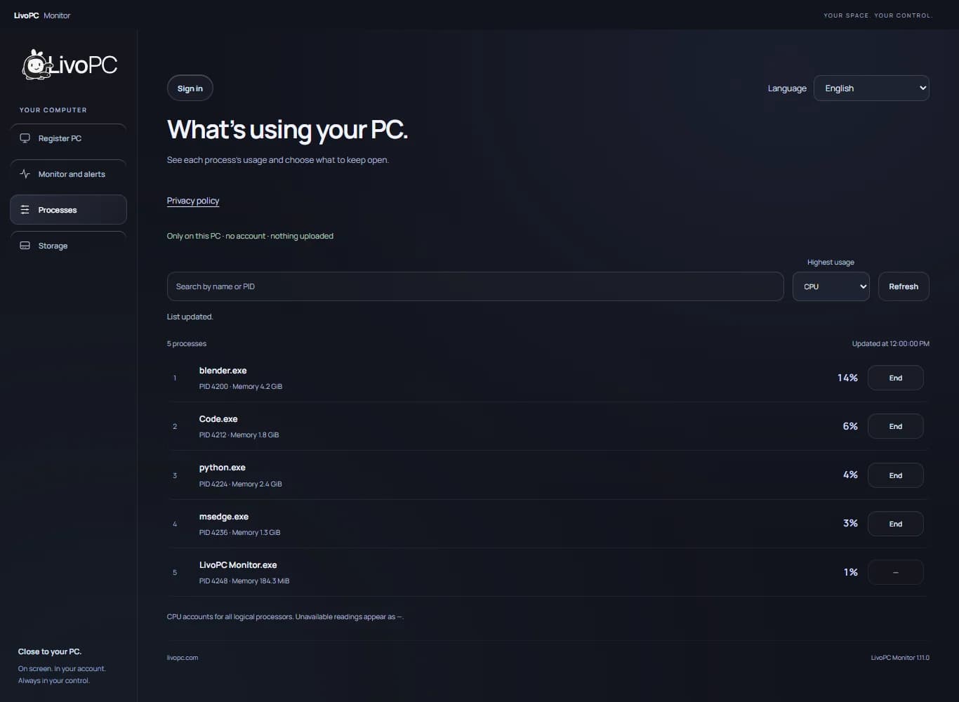Local Monitor process list in English, ranked by CPU usage, with memory and an option to end a process