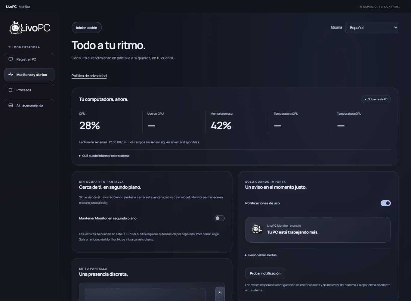 LivoPC Monitor en español con CPU, memoria, segundo plano y alertas configurables
