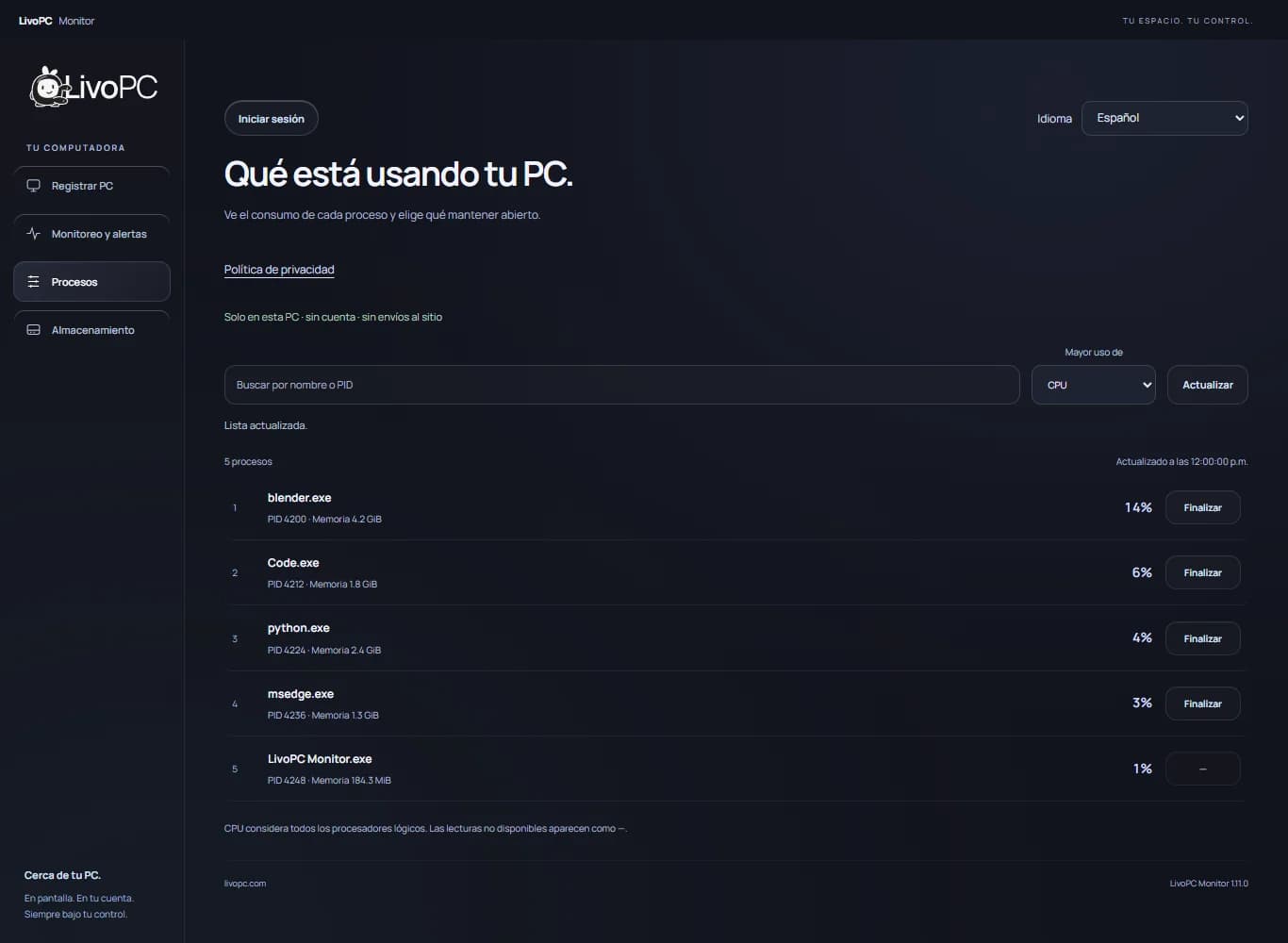 Lista local de procesos de Monitor en español, ordenada por uso de CPU, con memoria y opción de finalizar