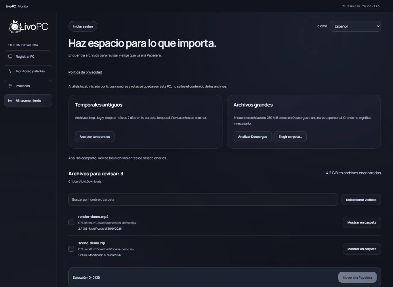 Pantalla de almacenamiento de Monitor en español con análisis de temporales y archivos grandes para revisar