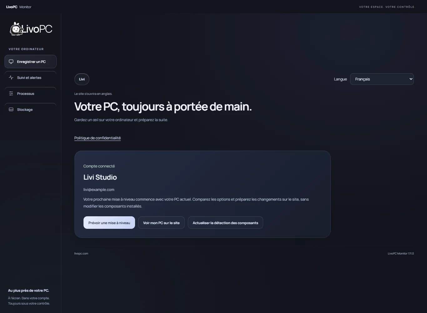 Compte connecté dans Monitor en français avec accès au PC existant et préparation des évolutions