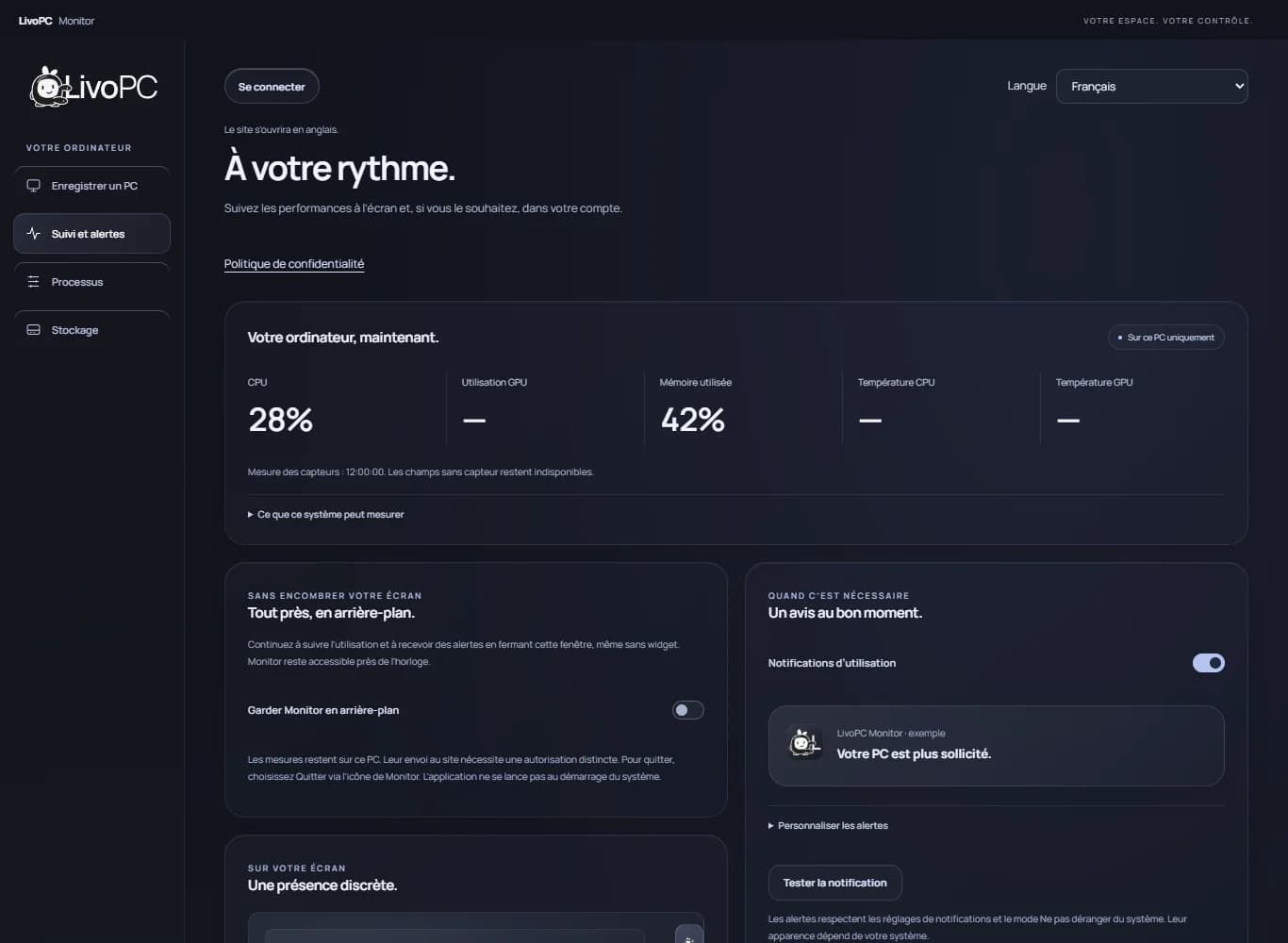 LivoPC Monitor en français avec processeur, mémoire, surveillance en arrière-plan et alertes configurables