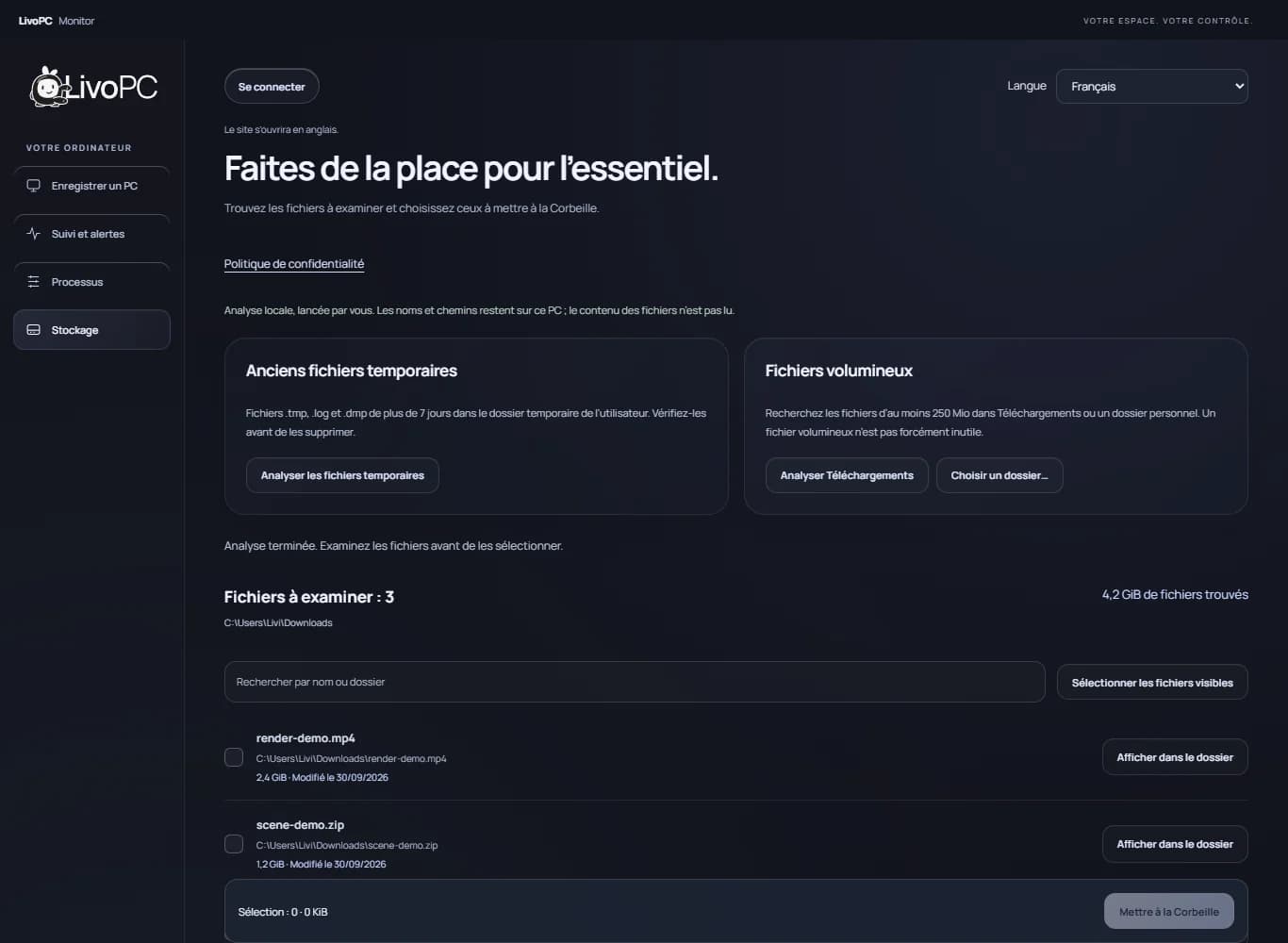 Écran de stockage de Monitor en français avec analyse des fichiers temporaires et liste des fichiers volumineux à vérifier