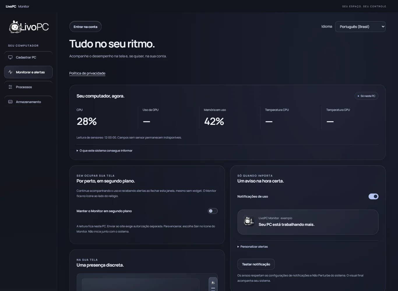 Tela do LivoPC Monitor em português com CPU, memória, segundo plano e alertas configuráveis