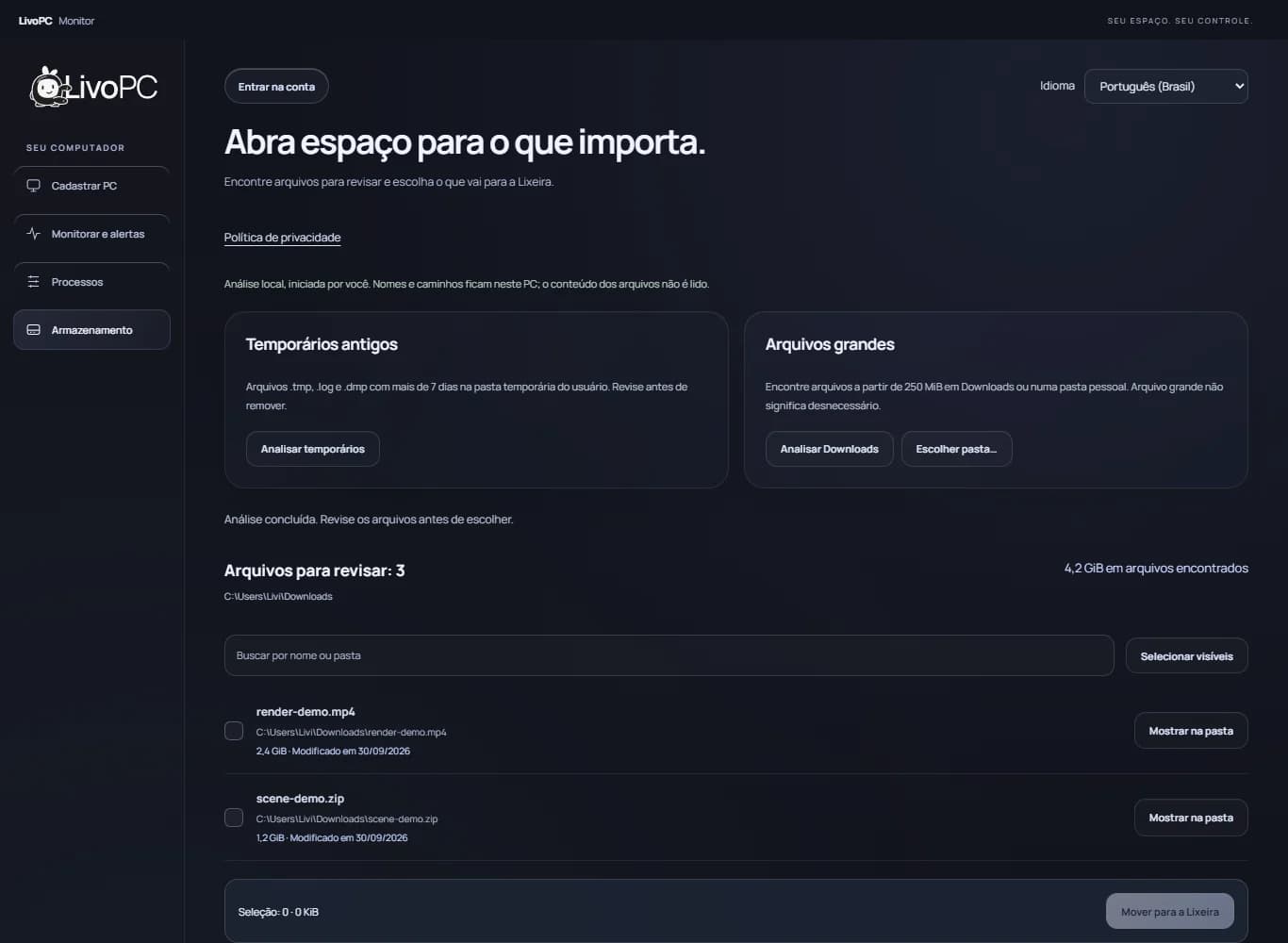 Tela de armazenamento do Monitor em português com análise de temporários e lista de arquivos grandes para revisão