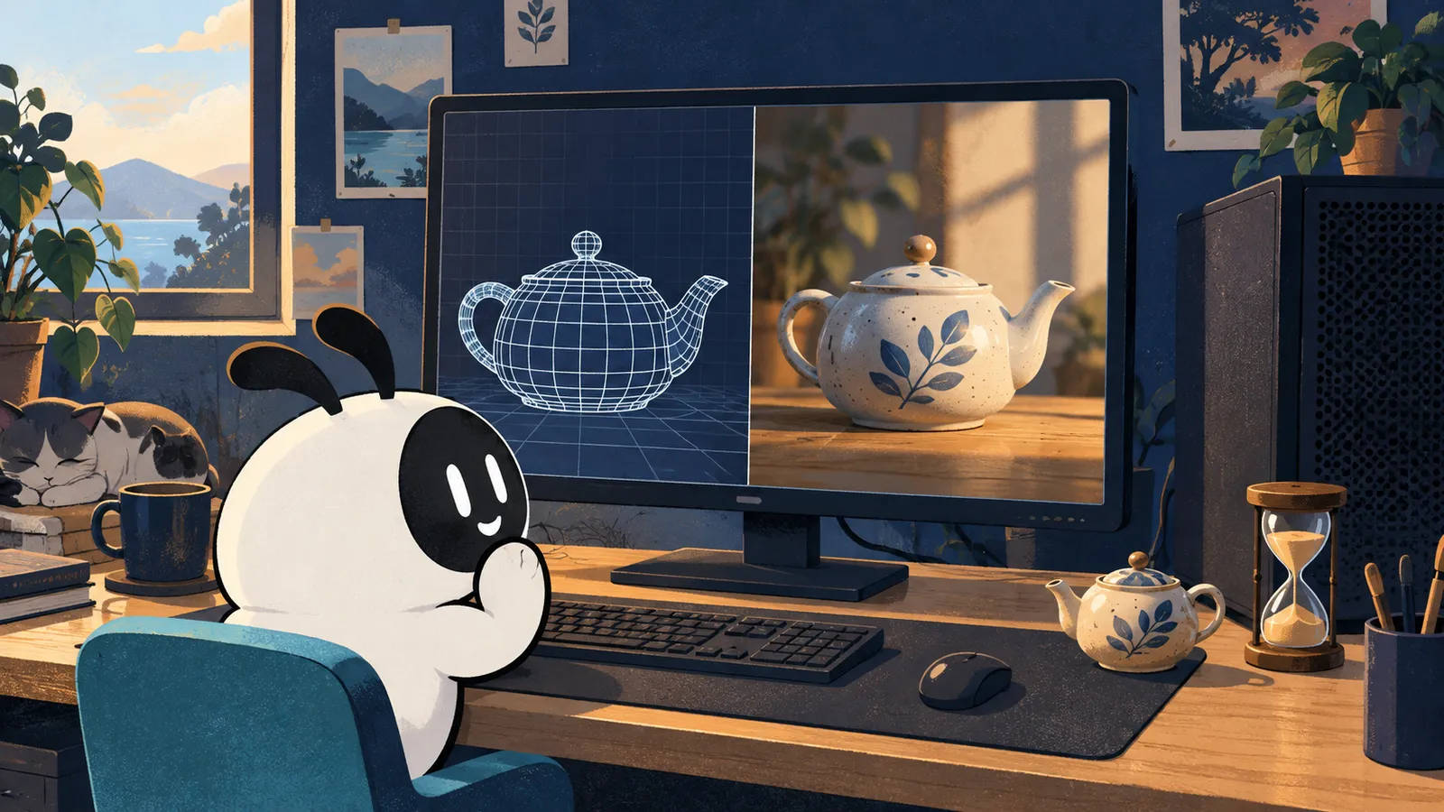 Illustration: Livi views wireframe and rendered versions of a teapot on one screen, with an hourglass on the desk.
