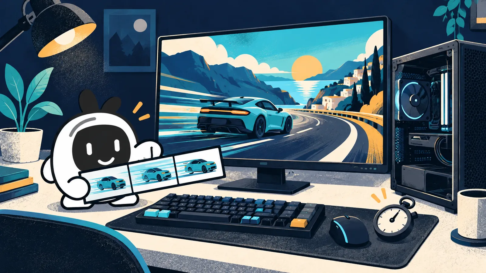 Illustration: Livi compares animation frames beside a screen showing a fictional racing game.