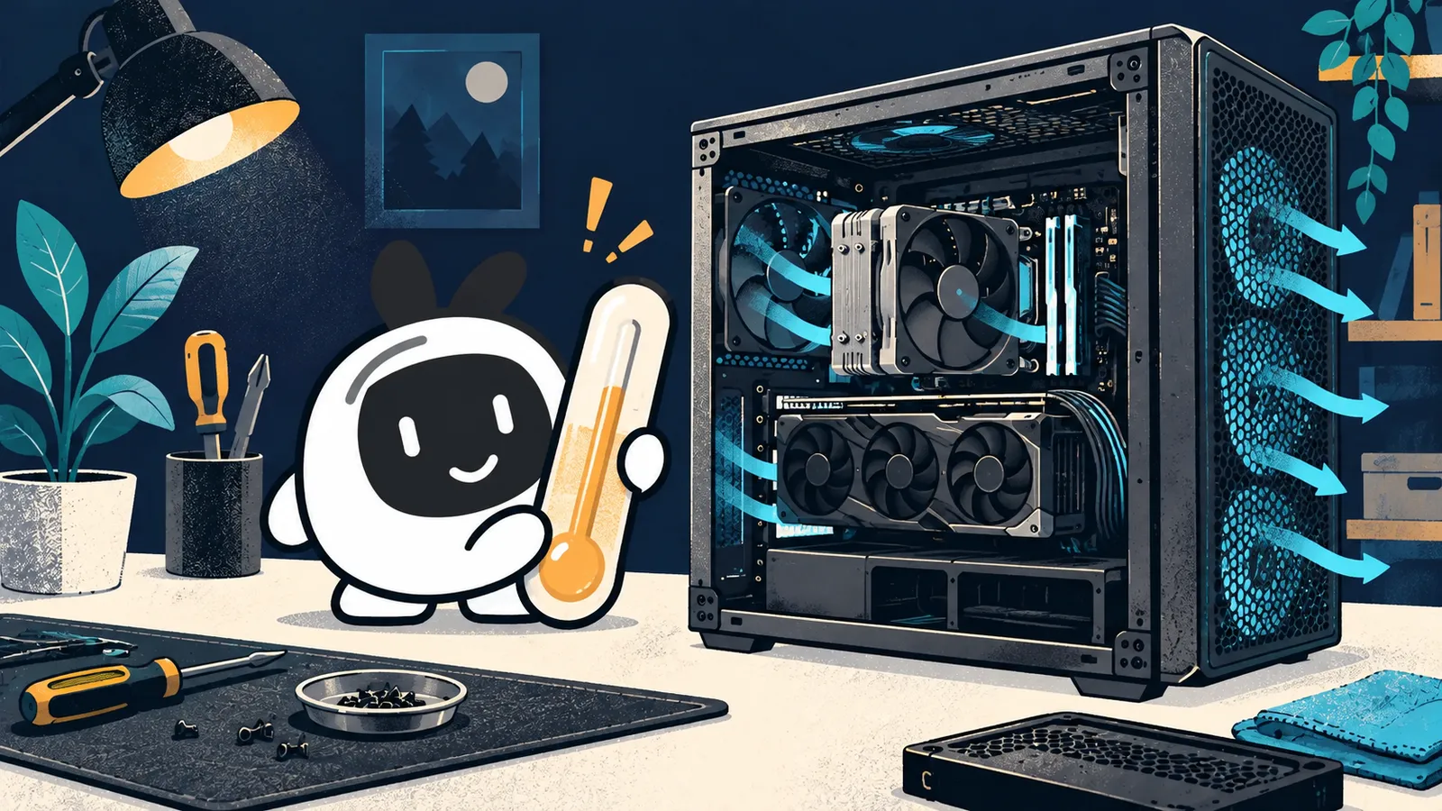 Illustration: Livi observes a thermometer beside a PC with a CPU and graphics card.