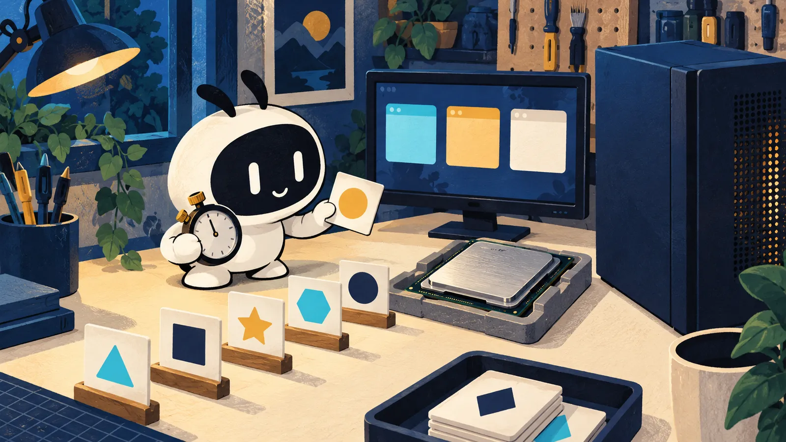 Illustration: Livi watches a queue of tasks with a stopwatch beside a processor.