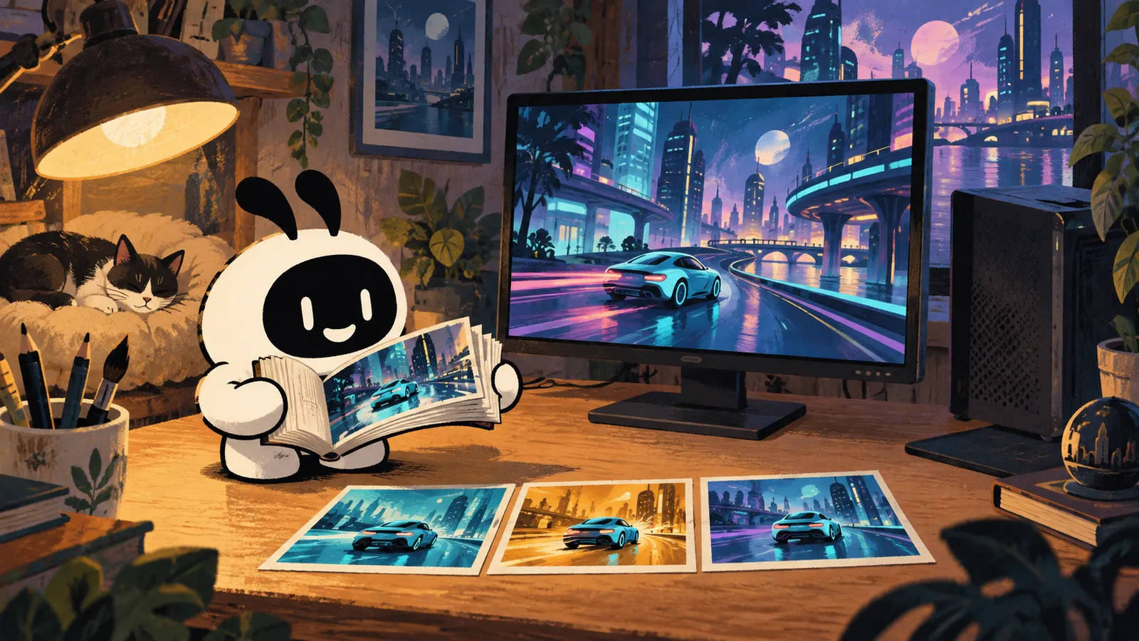 Illustration: Livi compares frames of a car in a fictional neon-lit city, with an amber intermediate frame.