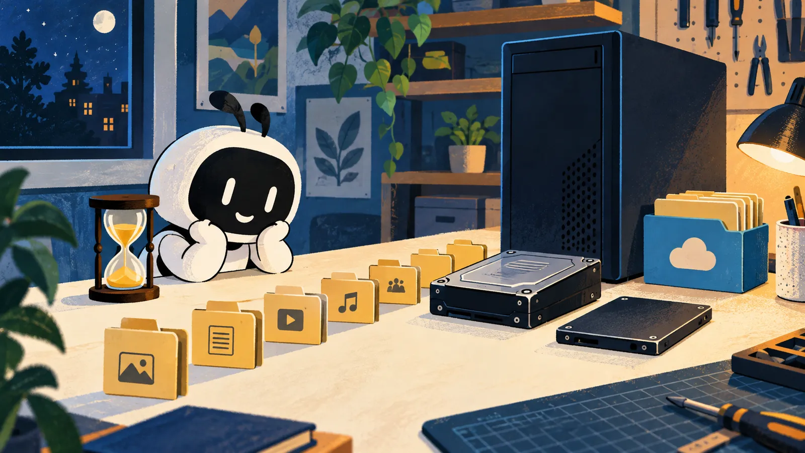 Ilustração: Livi observa uma fila de pastas perto de um disco rígido fechado, um SSD e uma ampulheta.