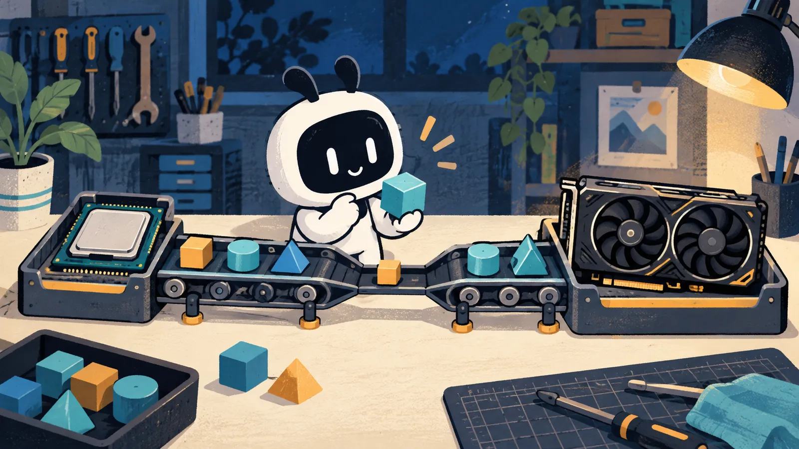 Illustration: Livi follows task blocks on a conveyor between a processor and a graphics card.