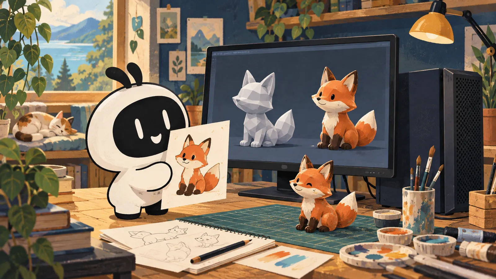 Illustration: Livi compares a fox drawing with its 3D geometry and textured version on a screen.