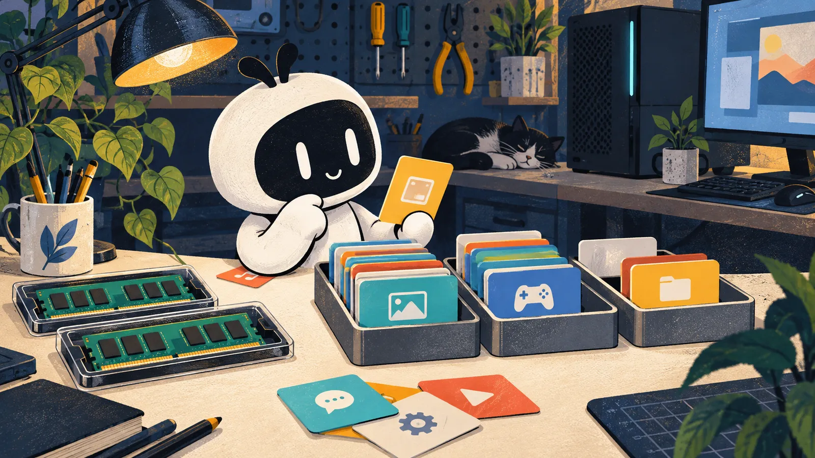 Illustration: Livi sorts application cards into trays beside RAM modules.