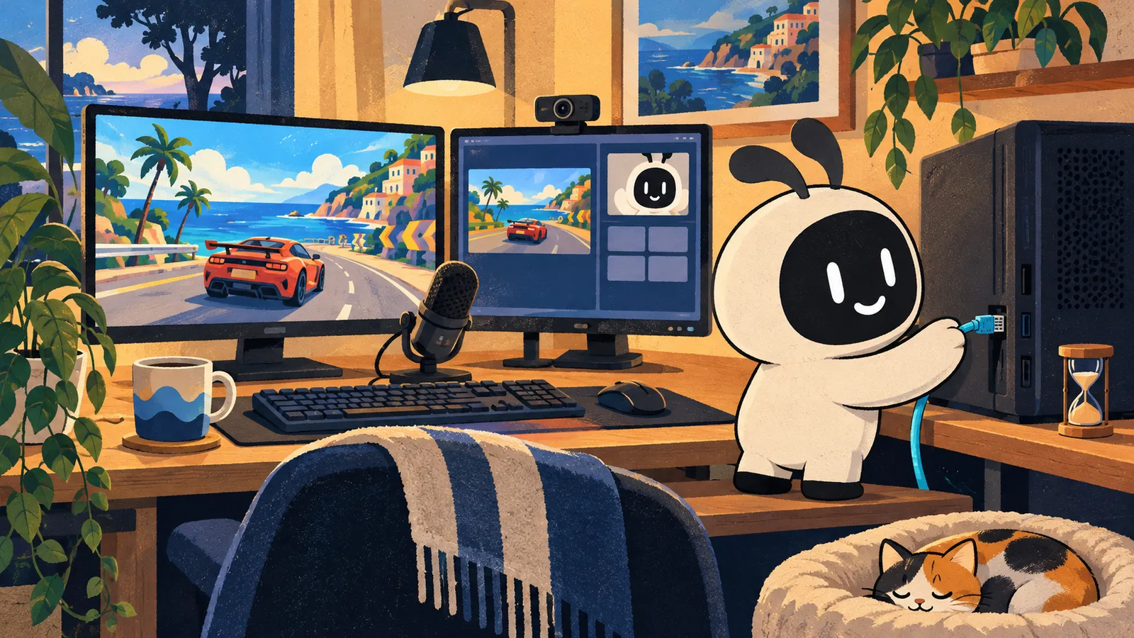 Illustration: Livi prüft eine Verbindung neben einem PC mit fiktivem Spiel, Stream-Vorschau, Mikrofon und Webcam.