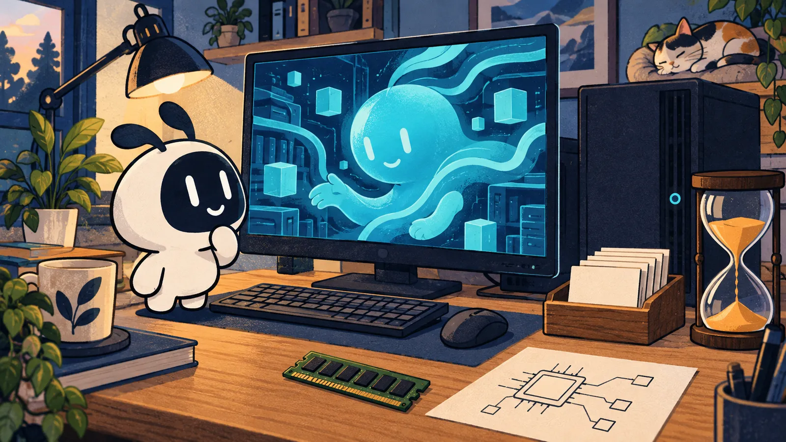 Illustration : Livi observe une conversation sur un écran de PC, avec des cartes en attente, de la mémoire et un sablier.