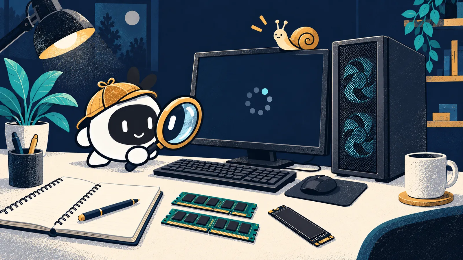 Livi investiga un PC con una lupa; un caracol en el monitor simboliza la lentitud.