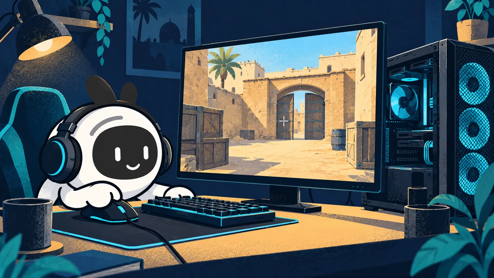 Livi plays on a PC showing an illustrated arena inspired by Counter-Strike 2.