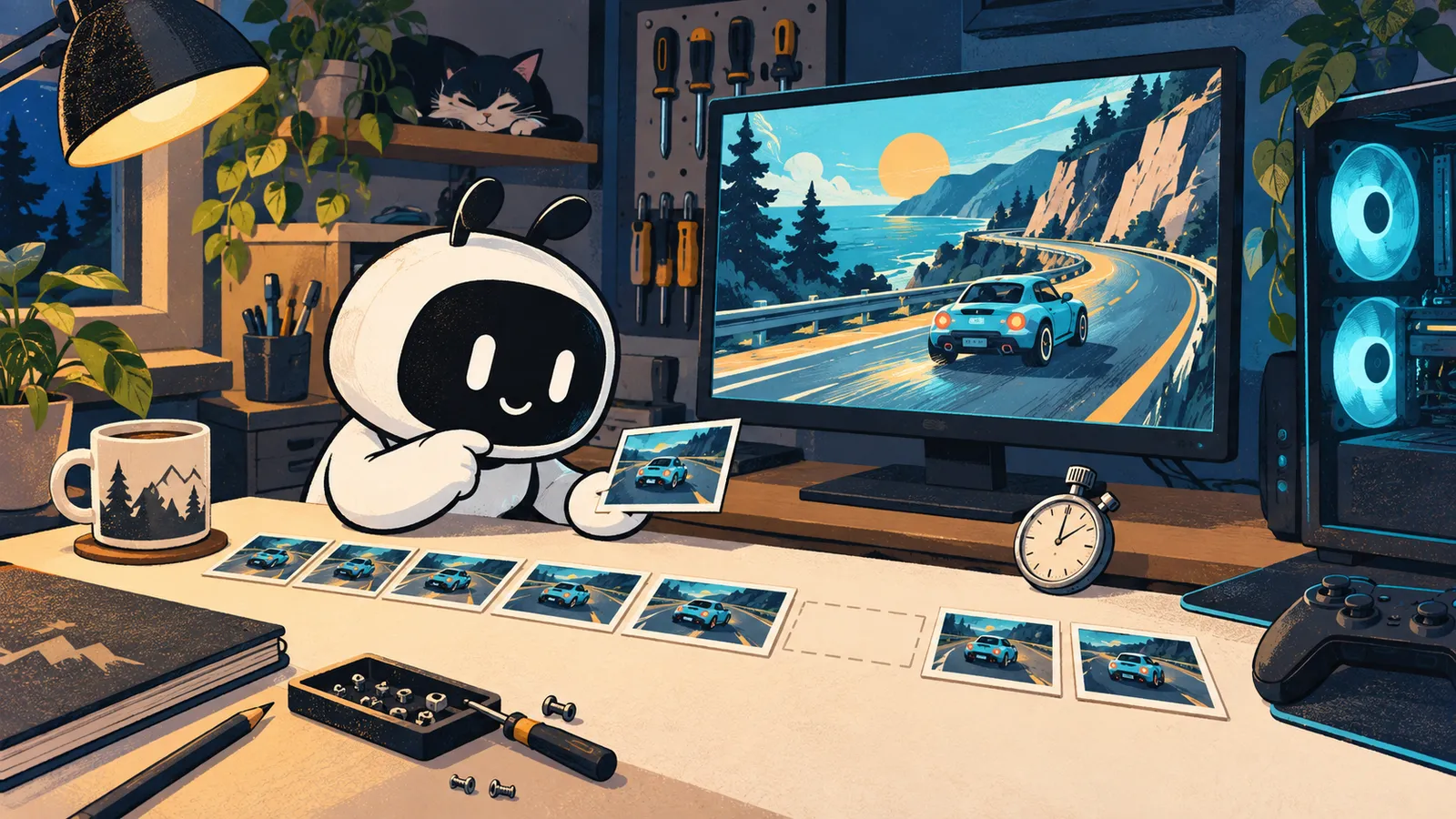 Illustration: Livi observes unevenly spaced frames from a fictional racing game.