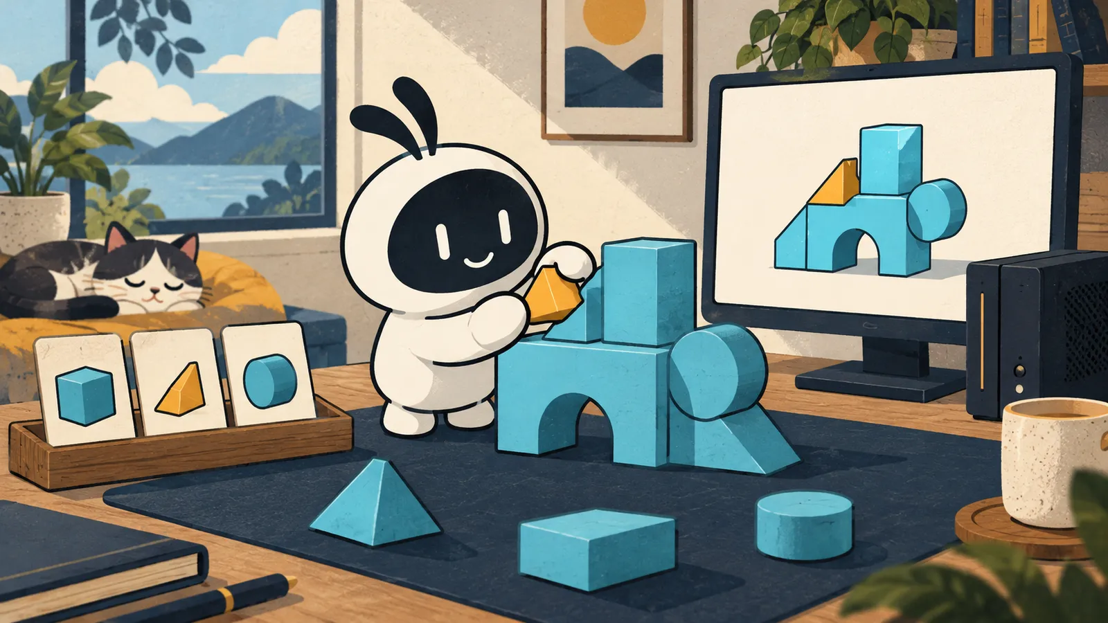 Illustration: Livi adds a small piece to a geometric model beside example cards and a computer.