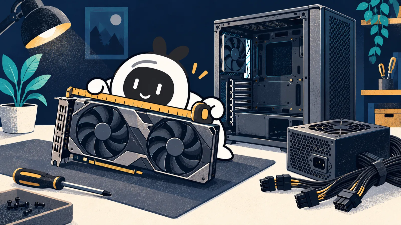Livi measures a graphics card beside a case, power supply and cables.