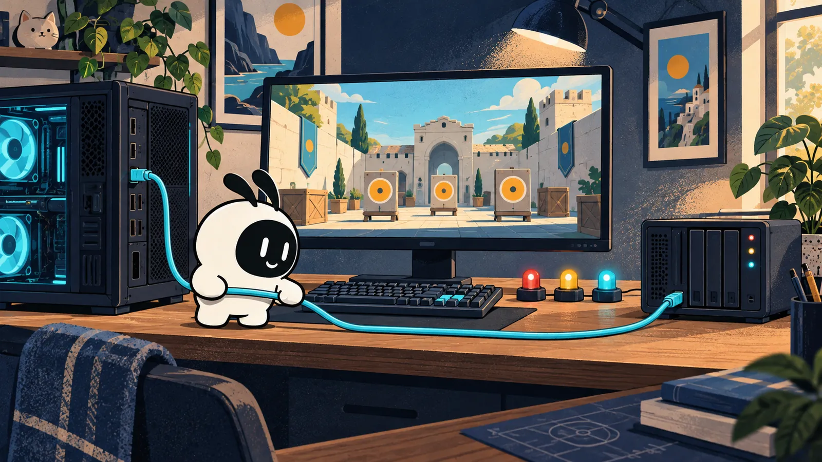 Ilustración: Livi sigue el cable entre un PC y un servidor, con tres luces indicadoras y un campo de práctica ficticio en pantalla.