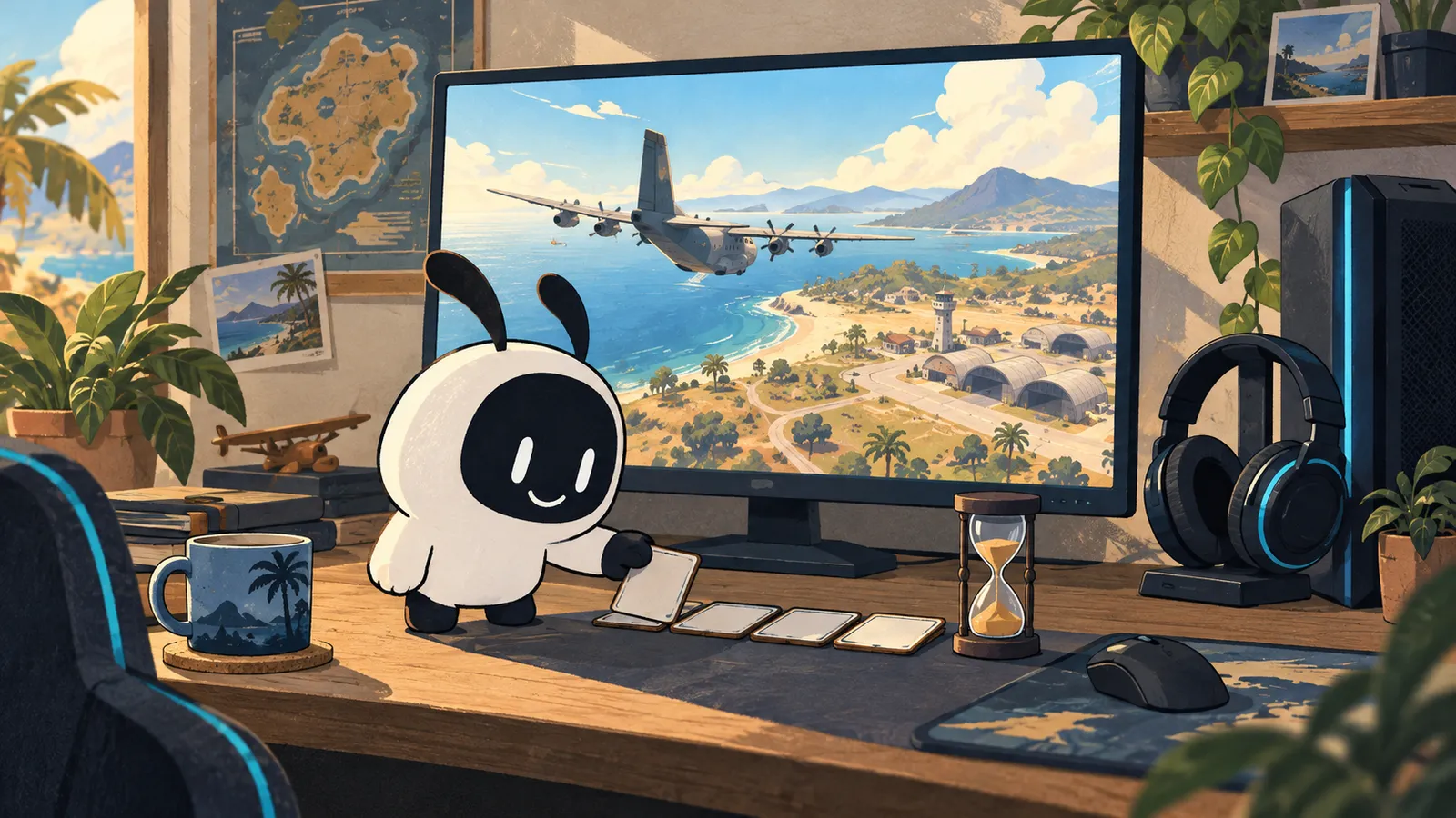 Illustration: Livi arranges cards beside an hourglass while the screen shows a plane above a fictional coastline.